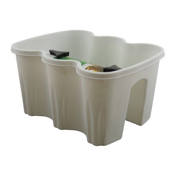 מיכל לבן מפלסטיק עם ידיות שחורות.