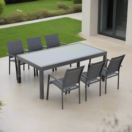 פינת אוכל לגינה שולחן  105*200 320  +  6 כסאות פיניקס מרופדים אלומיניום אפור כהה