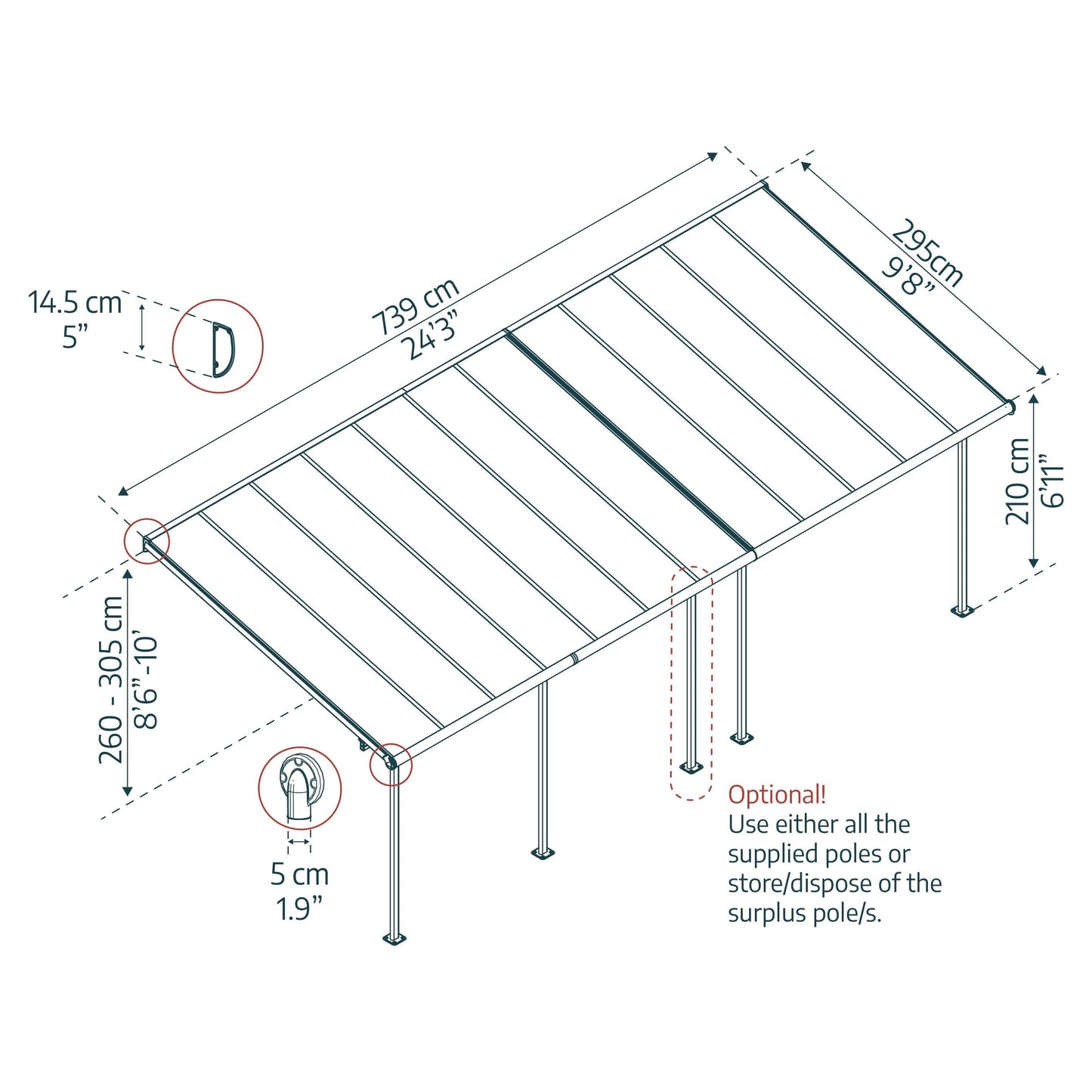 פרגולה אלומיניום Sierra אפורה 3x7.4 מבית פלרם - Canopia 705334