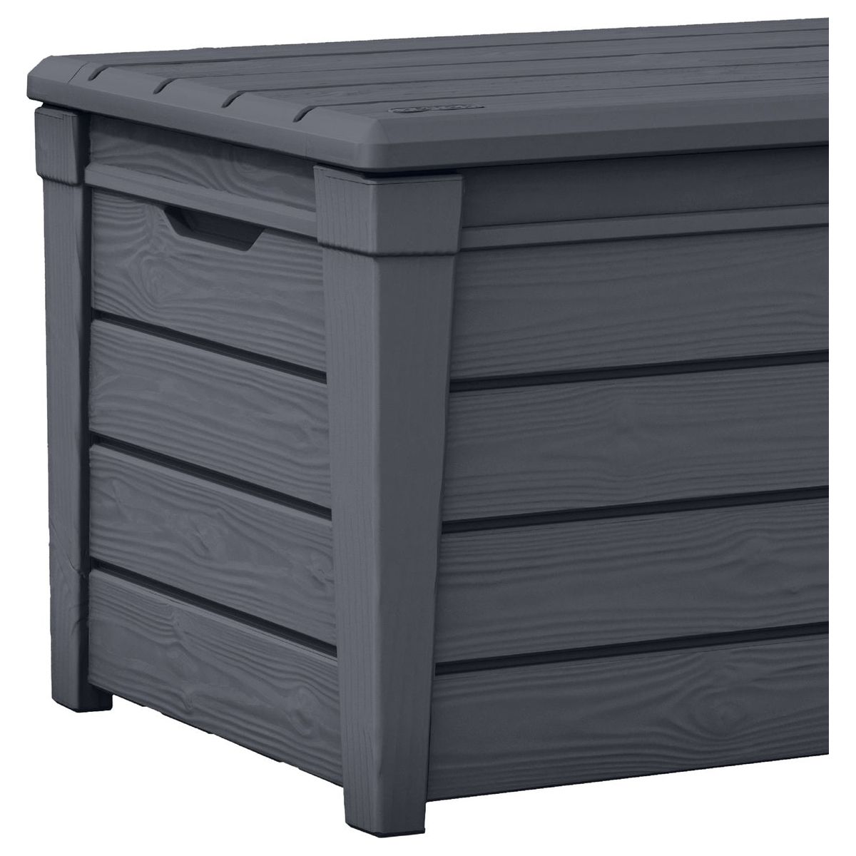 תיבה פלסטיקית אפורה עומדת על משטח.