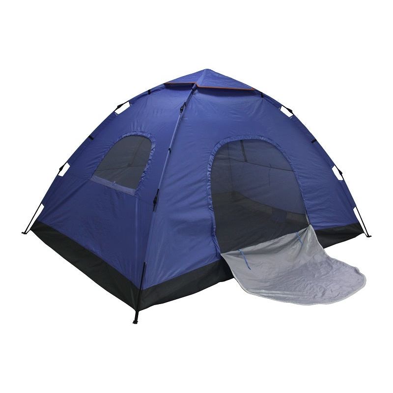 אוהל כחול פתוח על רקע לבן.