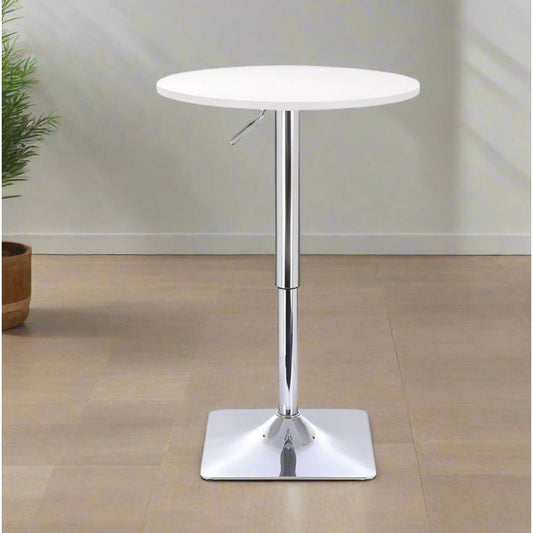 שולחן בר עגול לבן 60 ס"מ  רגל מרובעת כרום