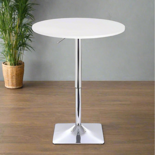 שולחן בר עגול לבן 70 ס"מ  רגל מרובעת כרום