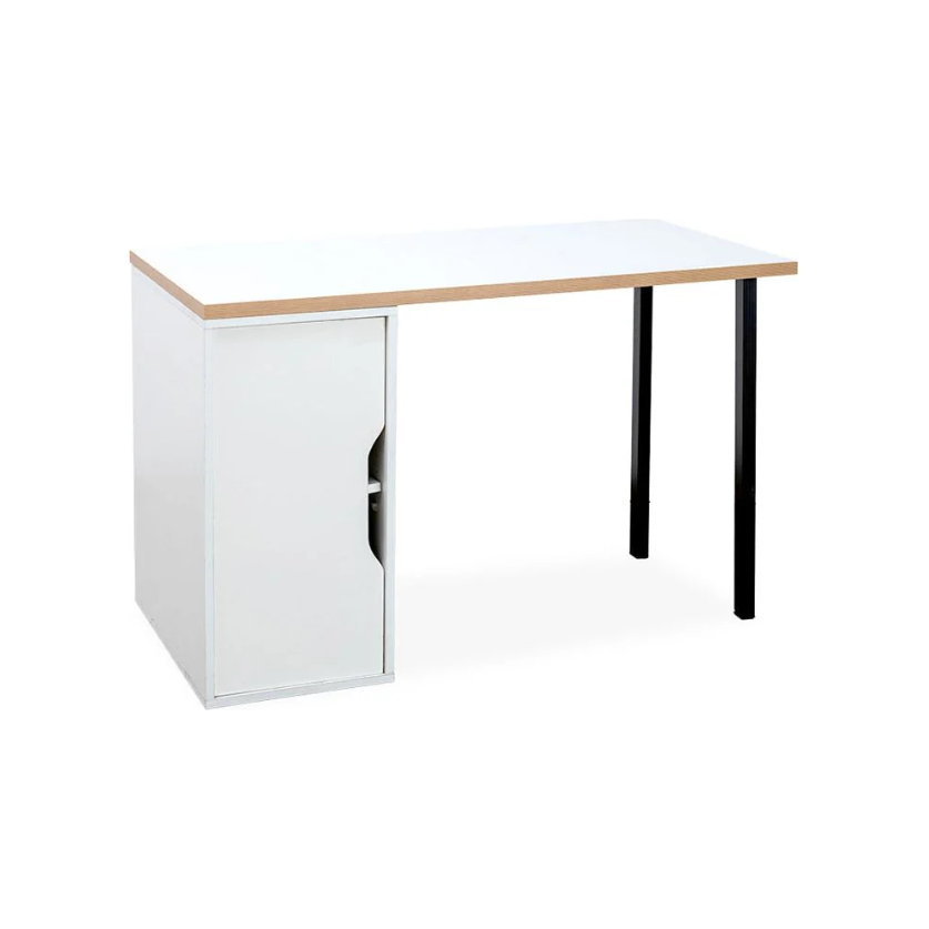 שולחן כתיבה לבן עם ארונית ודלת.