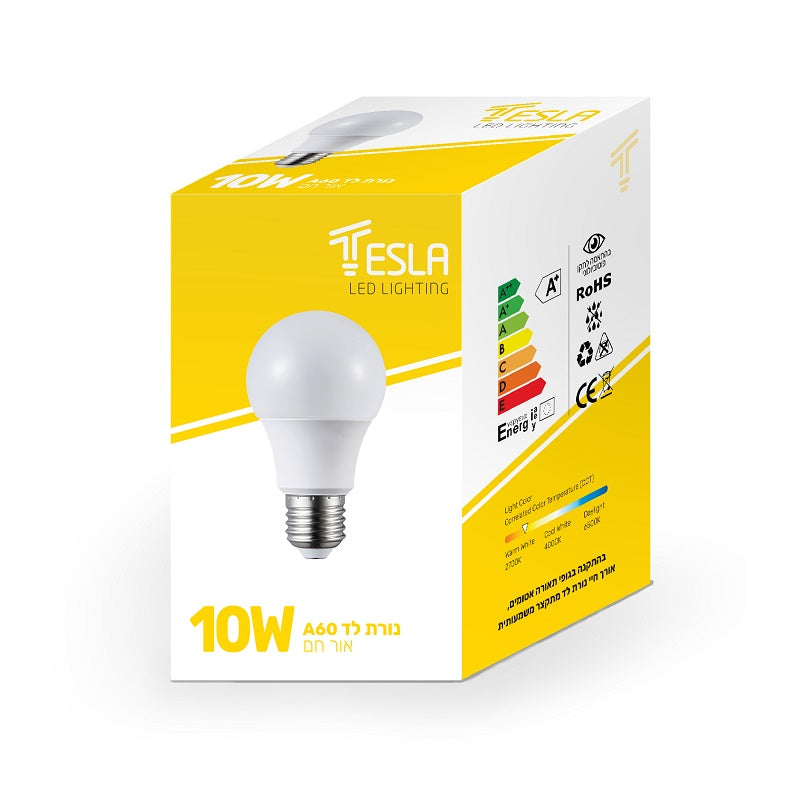 נורת לד בתיבה צהובה, רקע לבן.
הטקסט:
TESLA LED LIGHTING
10W
נורת לד A60 אור חם