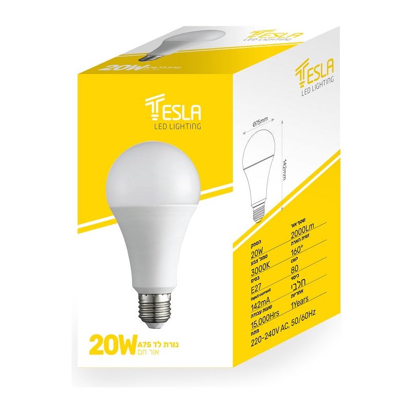 נורת לד לבנה באריזה צהובה בסביבה.
כתוב:
TESLA LED LIGHTING
קוטר 75 מ"מ
גובה 142 מ"מ
12°160 זווית תאורה
W20 הספק
lm2000 שטף אור
K3000 טמפרטורת צבע
CRI 80
162mA זרם כניסה
E27 בסיס
15,000HS אורך חיים
7Years
AC220-240V 50/60Hz
A75 נורת לד
חם אור