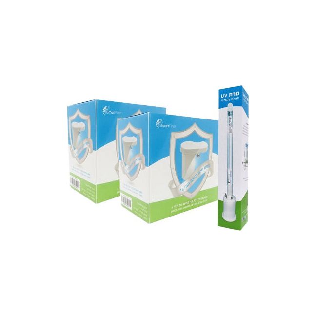 קופסאות מוצרים עם מנורת UV בסביבה לבנה.
Quantity and Major descriptive text on the packages:
קופסא ראשונה:
Smart Wall
8 WATTS
קופסא שניה:
Smart Wall
בוברת UV (+ דוד חרסינה)
Depth added packaging context into count:
(צילום: יחסי ציבור)
Packaged product simple context framing beyond Hebrew text adds context to sescribe:
Two packaged products sit with single edgeways packaged product standing.