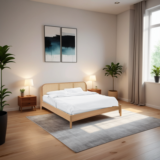 מיטה יושבת על שטיח בחדר שינה.