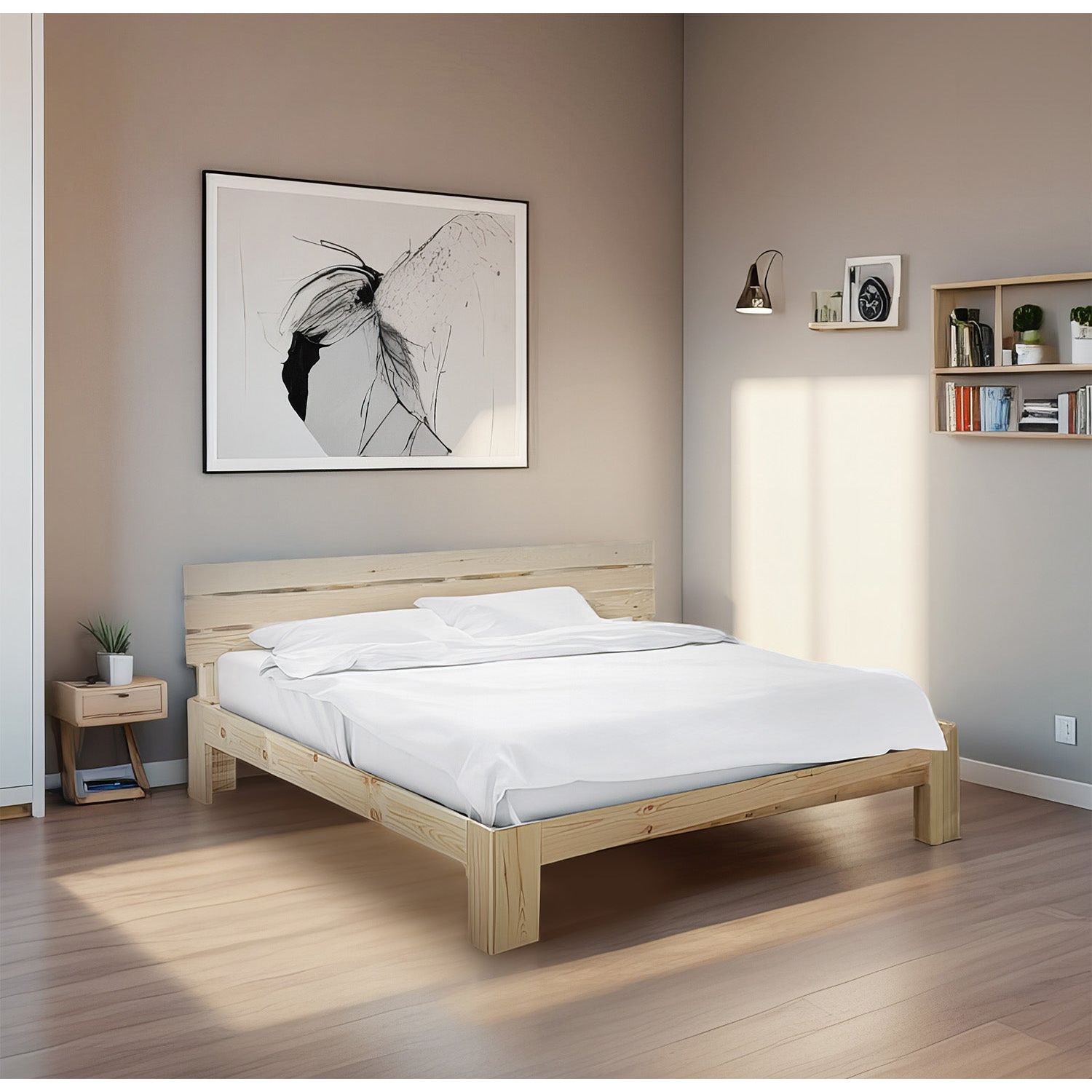 מיטה עץ מסודרת בחדר שינה מינימליסטי.