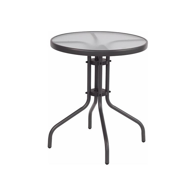 שולחן עגול עם רגלי מתכת על רקע לבן.