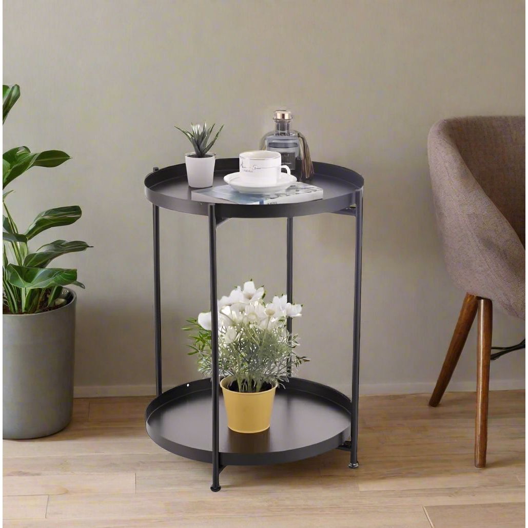 שולחן צד עגול יופיטר 2 קומות שחור