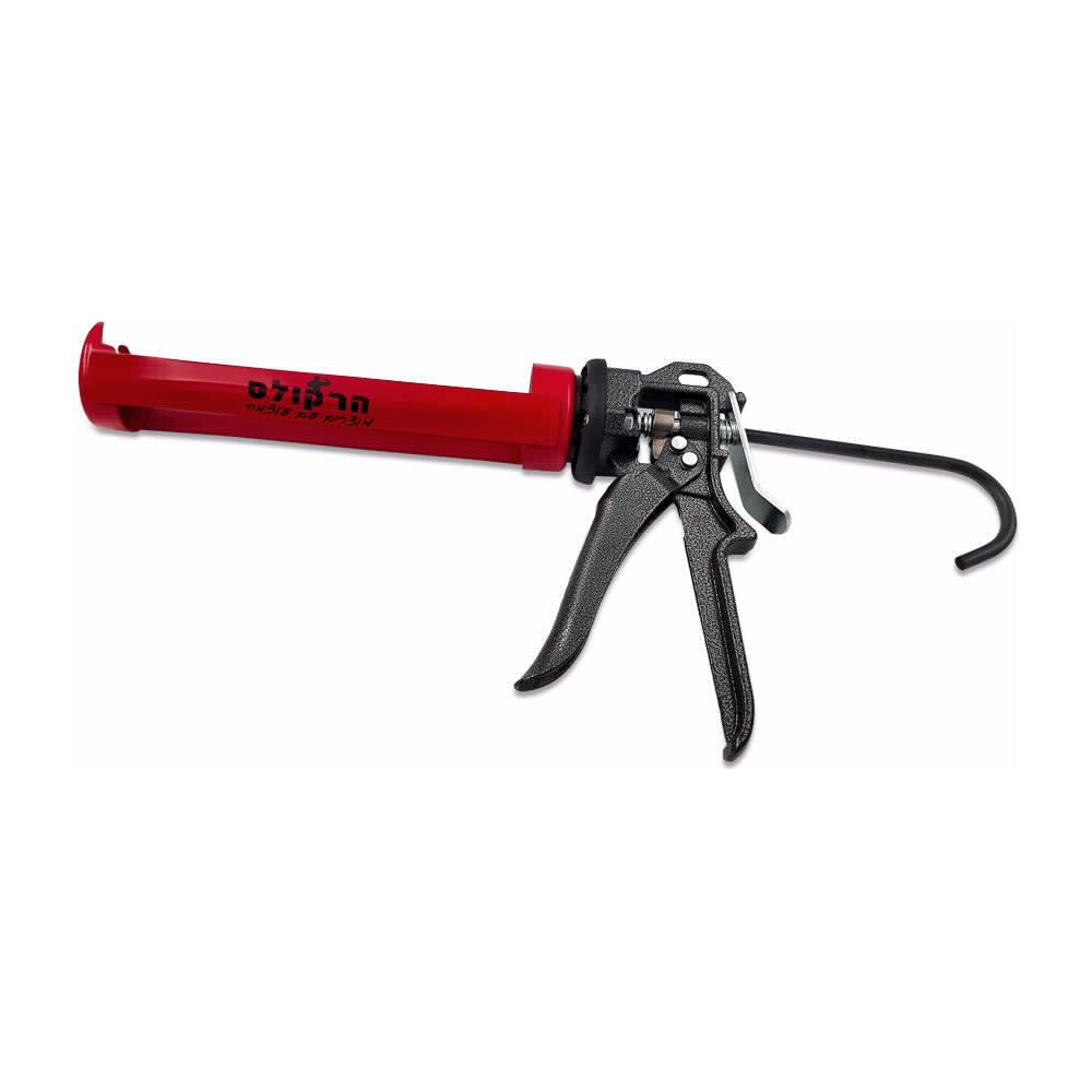 אקדח סיליקון אדום עם ידית שחורה.
כתוב עליו: "תרכובות - פתרונות של יציבות".