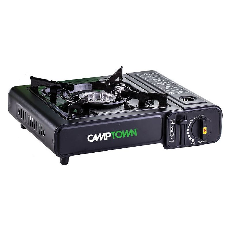 כיריים ניידות, כבויות, בסביבה לבנה.
טקסט: CAMPTOWN.