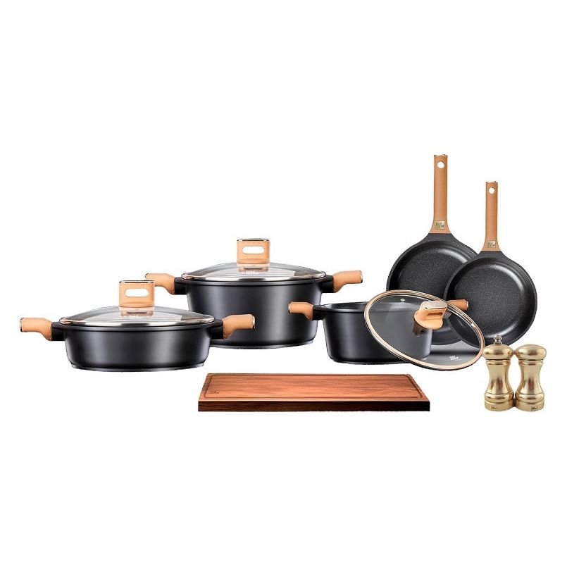 סט סירים ומחבתות שחורים עם ידיות כתומות.