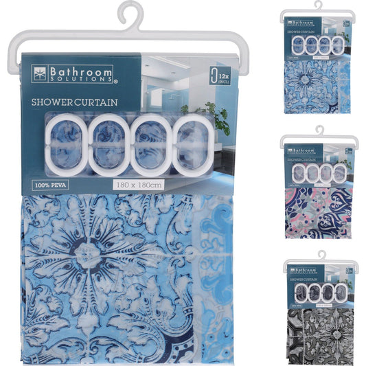 וילון אמבט 180*180 פרחוני כחול אפור