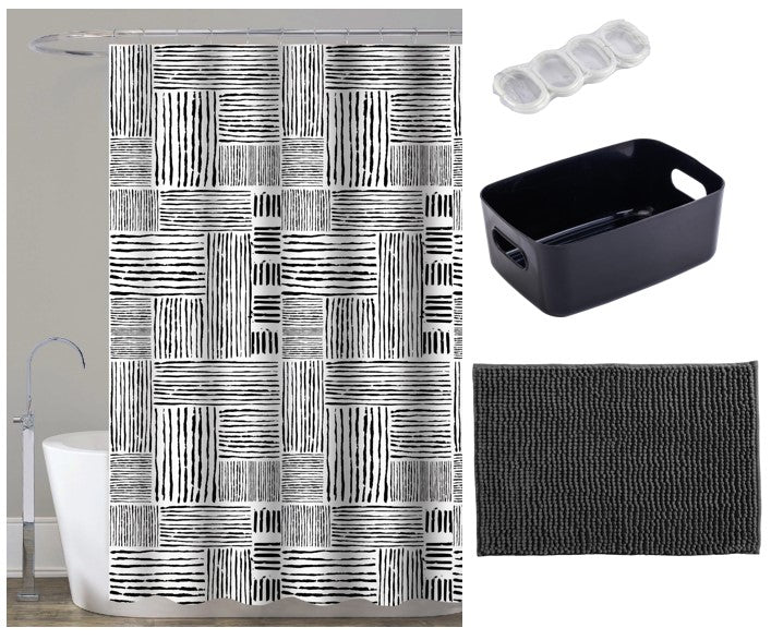 סט אמבטיה הכולל וילון, שטיחון וקופסא שחור