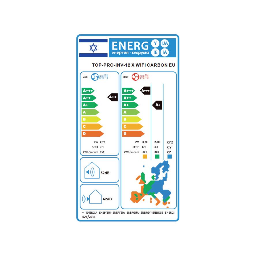 מזגן עילי Tornado Top Pro INV 12 X WIFI CARBON EU צבע קרבון