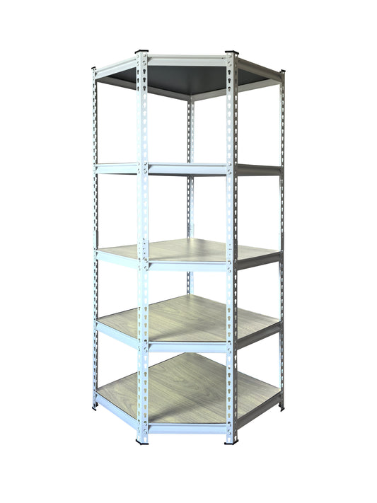 כוננית מתכת פינתית לבנה 5 מדפי למינציה