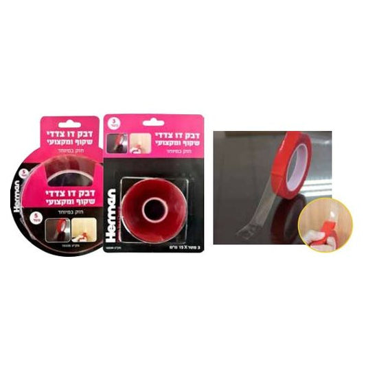 דבק דו צדדי מקצועי ושקוף אורך 5 מטר רוחב 20 מ"מ ( בליסטר )