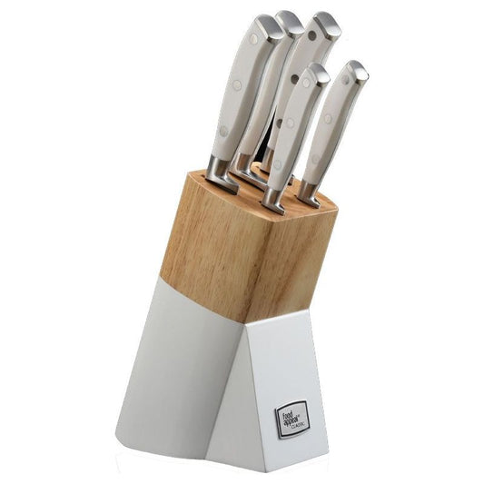 בלוק סכינים 6 חלקים- 5 סכינים+מעמד עץ טבעי לבן CLASSIC