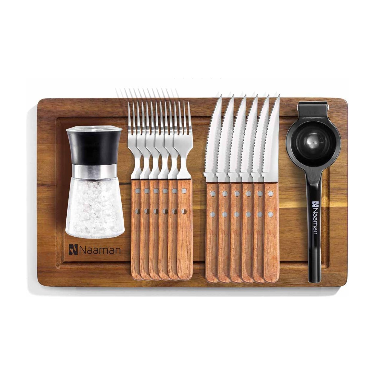 מארז 15 חלקים 6 סכינים+6מזלגות+סוחט לימון+גורס מלח פלפל+בוצ'ר