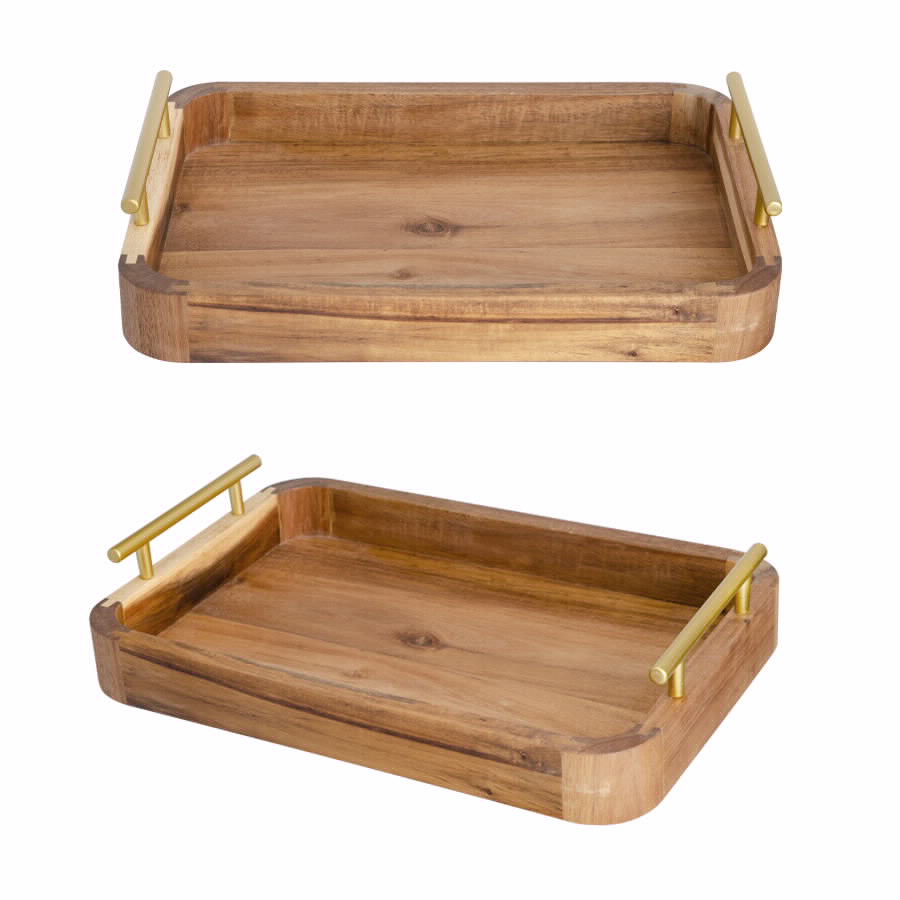 מגש מלבני מעץ עם ידיות מוזהבות