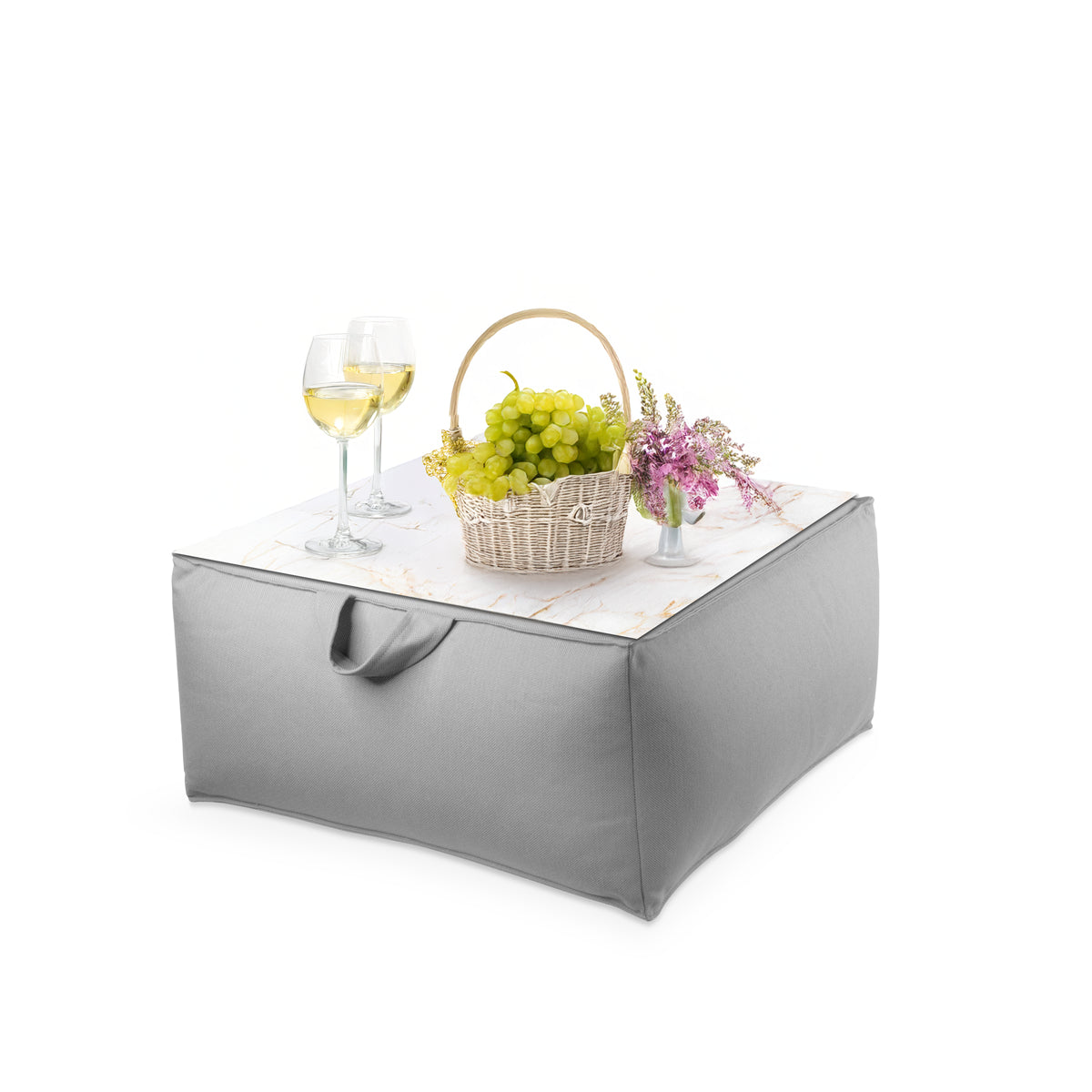 פוף הדום מרובע 68*68 מבד חוץ עם מגש לבחירה צבע אפור בהיר בחירת מגש שיש אוניקס