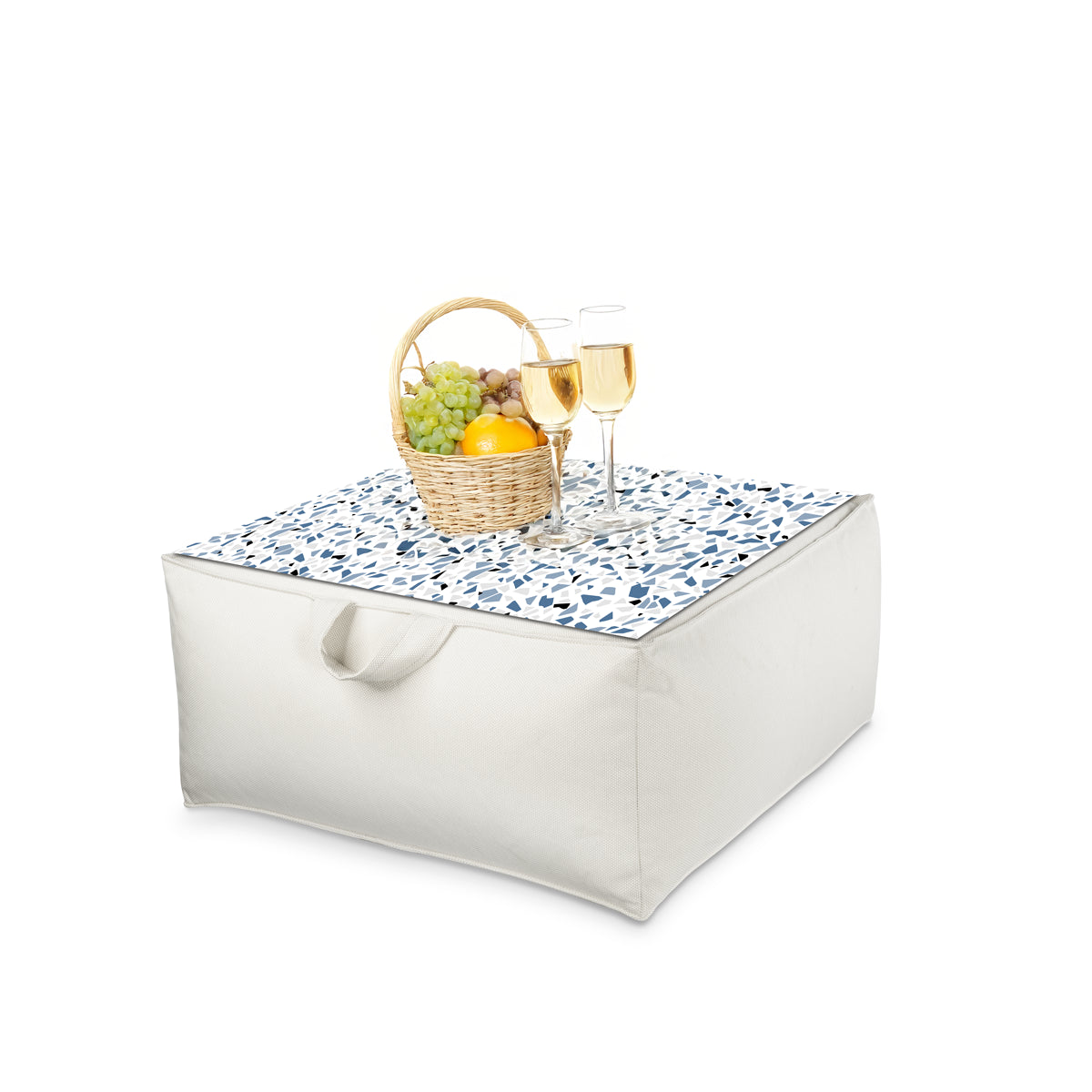 פוף הדום מרובע 68*68 מבד חוץ עם מגש לבחירה צבע לבן בחירת מגש טרצו