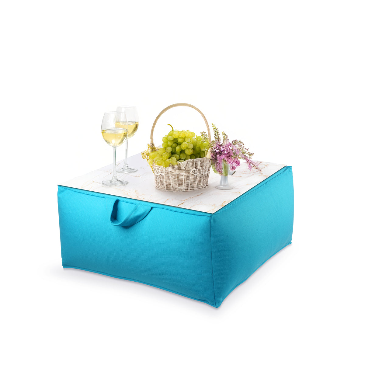 פוף הדום מרובע 68*68 מבד חוץ עם מגש לבחירה צבע לבן בחירת מגש טרצו