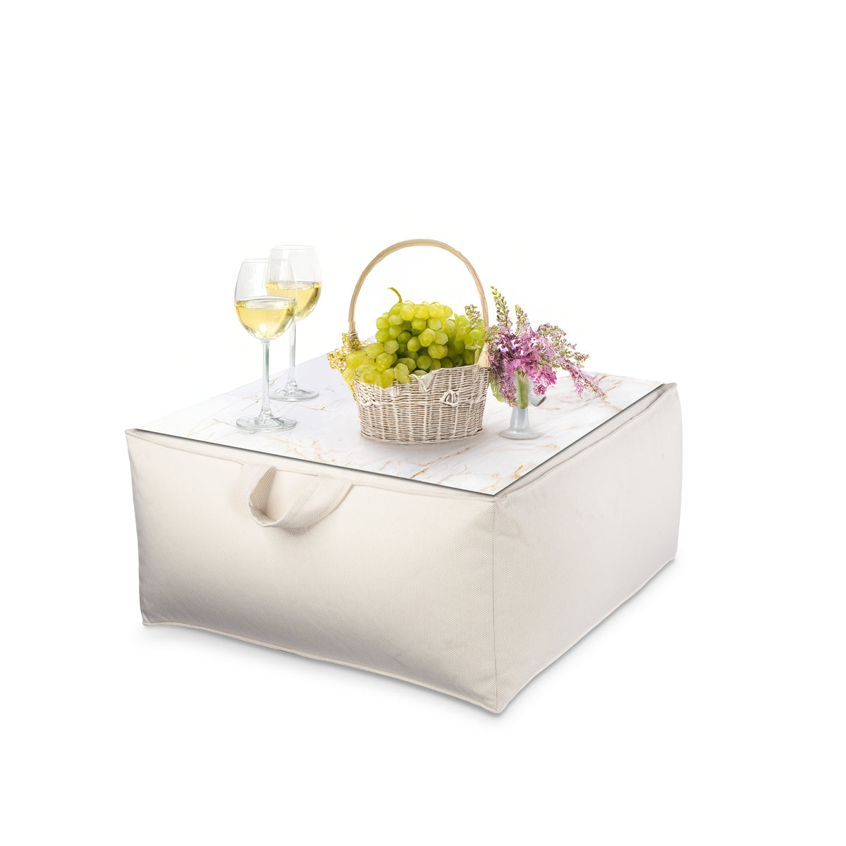 פוף הדום מרובע 68*68 מבד חוץ עם מגש לבחירה צבע שמנת בחירת מגש שיש אוניקס