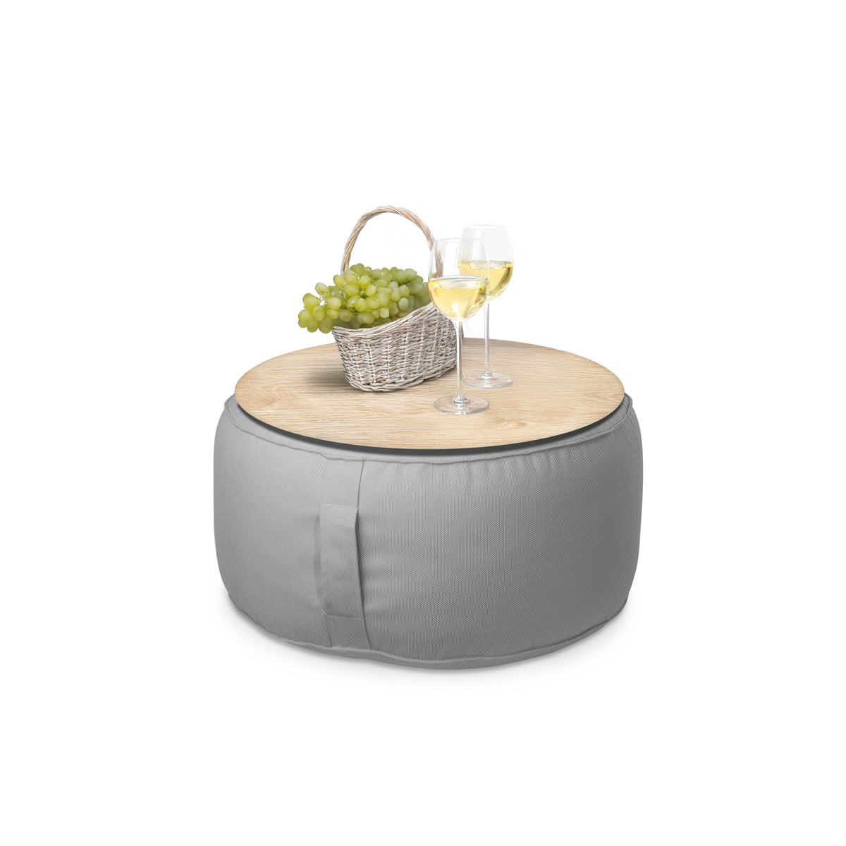 פוף הדום עגול Ø68 מבד חוץ עם מגש לבחירה צבע אפור בהיר בחירת מגש עץ אורן