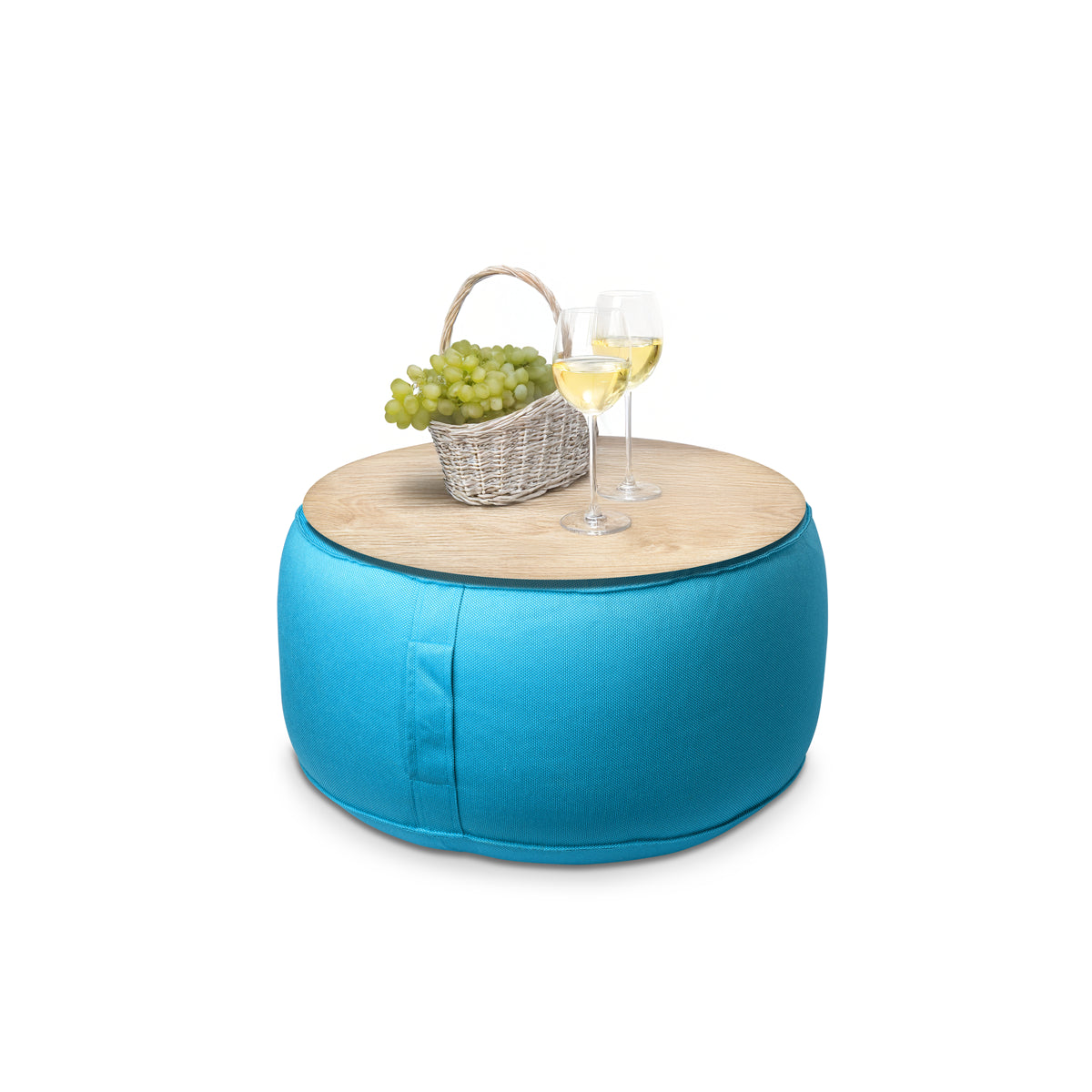 פוף הדום עגול Ø68 מבד חוץ עם מגש לבחירה צבע טורקיז בחירת מגש עץ אורן