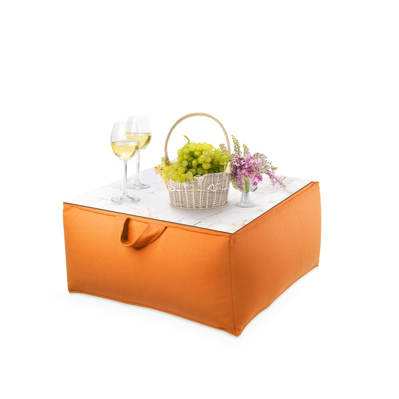 פוף הדום עגול Ø68 מבד חוץ עם מגש לבחירה צבע כתום בחירת מגש שיש אוניקס