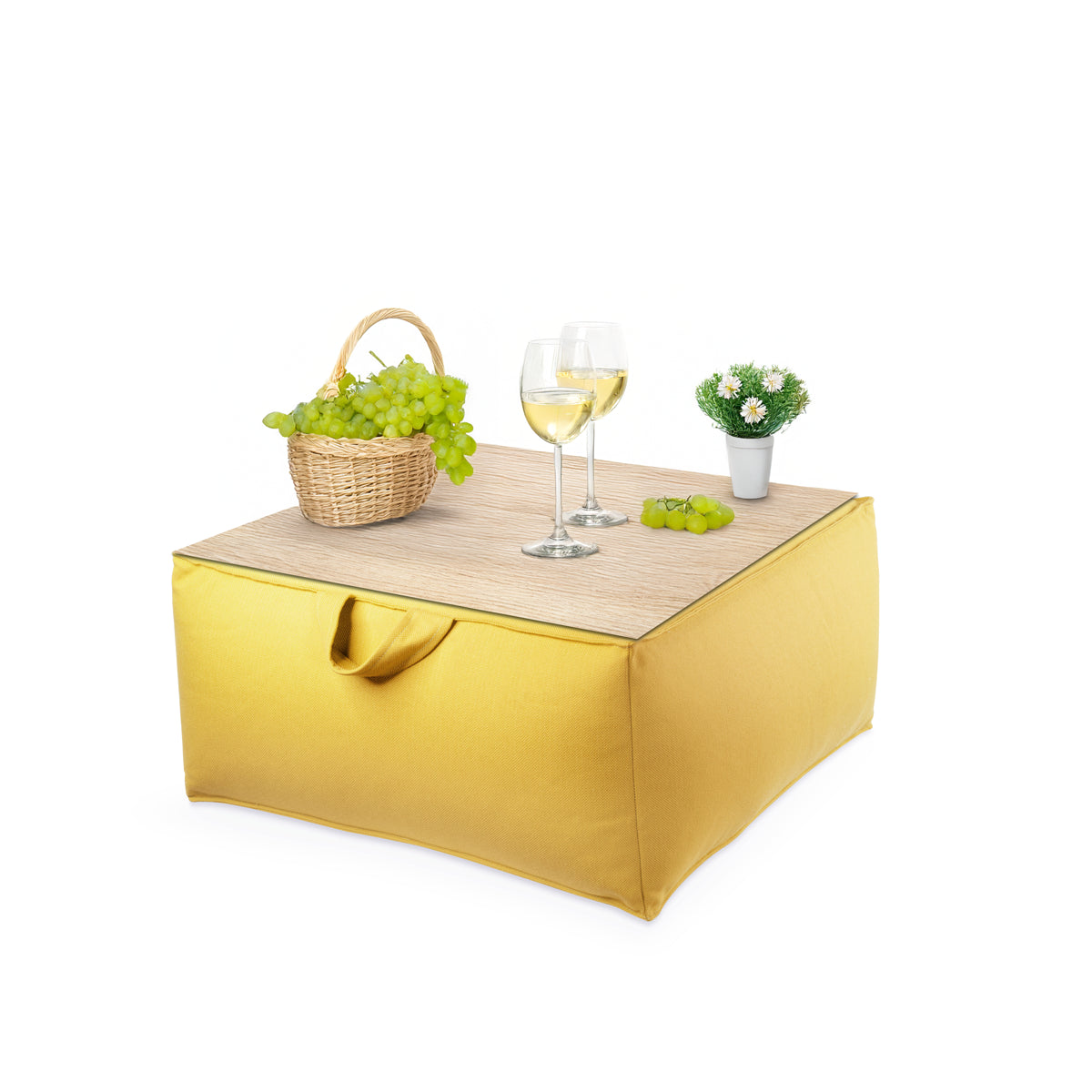 פוף הדום עגול Ø68 מבד חוץ עם מגש לבחירה צבע צהוב בחירת מגש עץ אורן