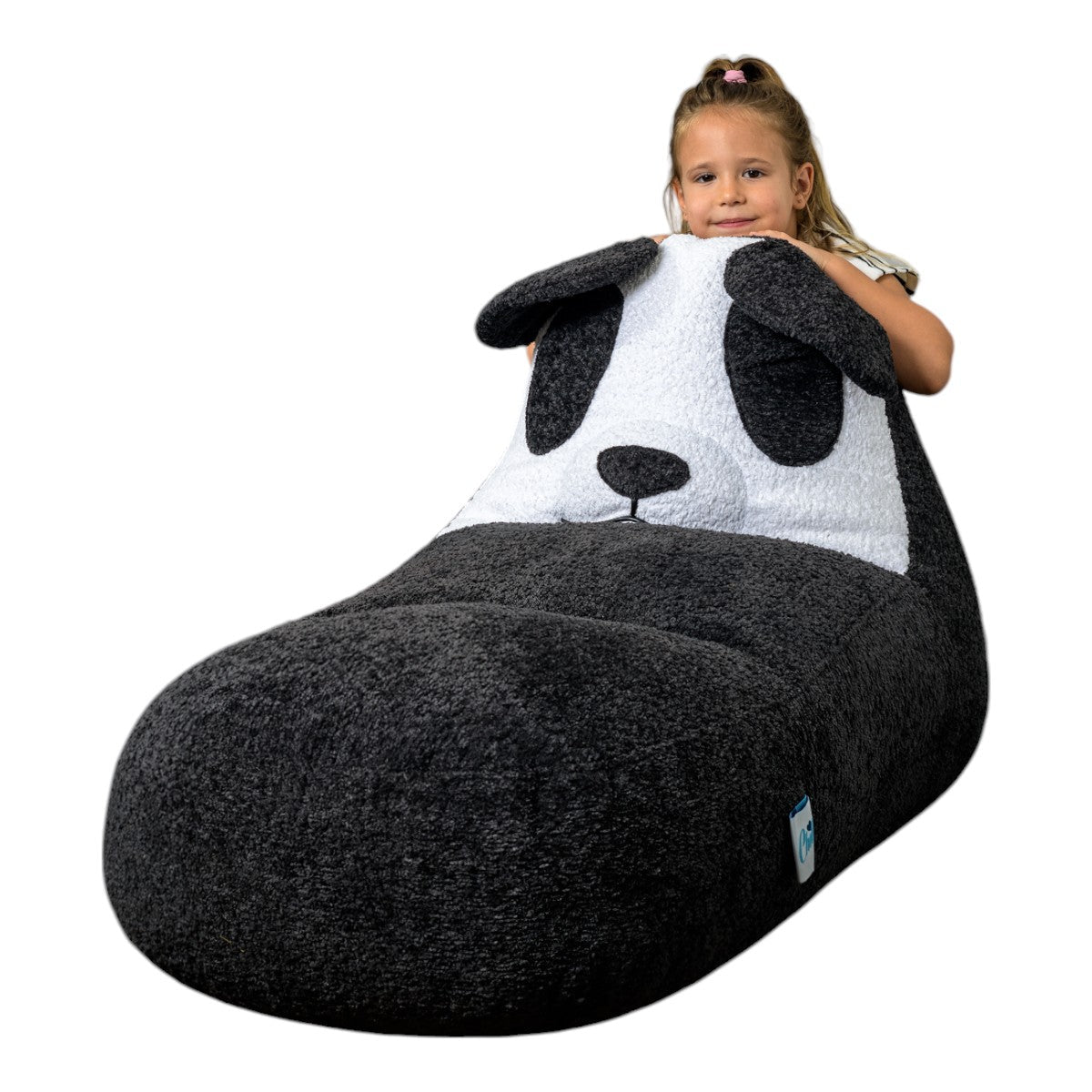 פוף שזלונג לילדים בצורה של פנדה מבד בוקלה בגוון שחור ולבן צבע שחור ולבן