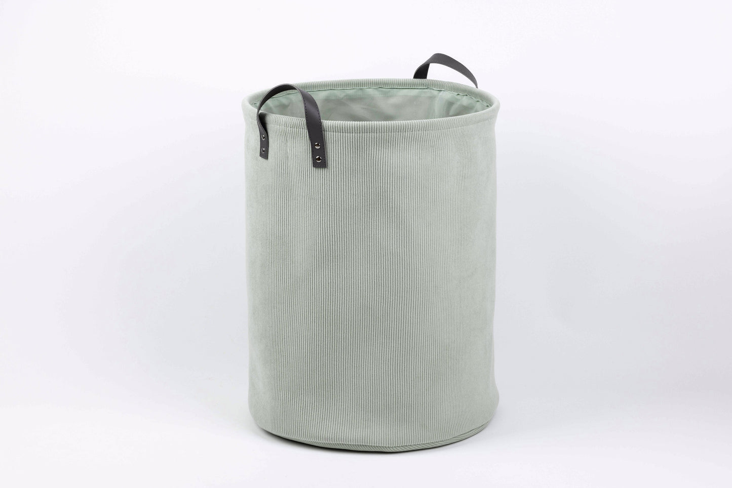 סל כביסה עגול ידיות עור ירוק