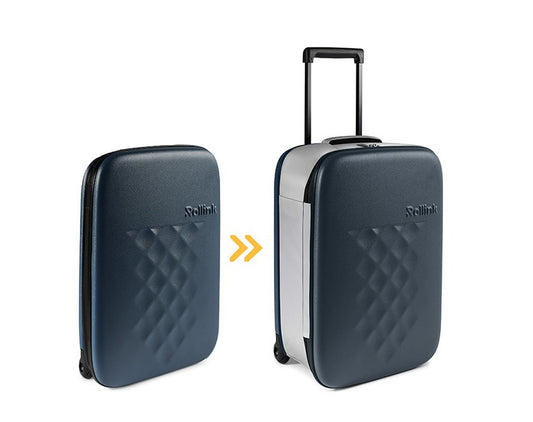 FLEX VEGA המזוודה המתקפלת הדקה ביותר בעולם עליה למטוס 21'' של מותג המזוודות החכמות Rollink צבע כחול כהה