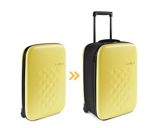 FLEX VEGA המזוודה המתקפלת הדקה ביותר בעולם עליה למטוס 21'' של מותג המזוודות החכמות Rollink צבע צהוב