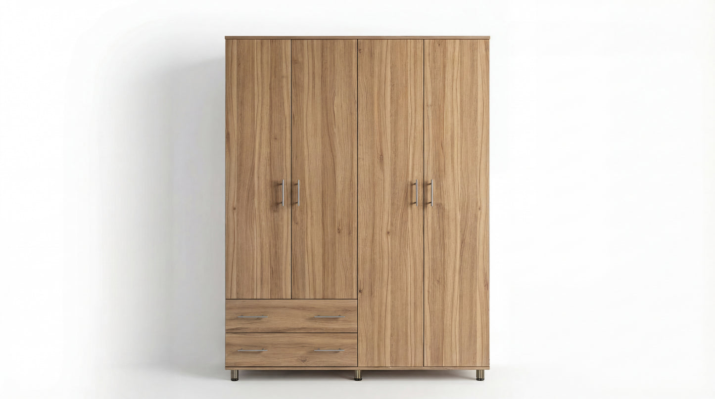 ארון 4 דלתות 2 מגירות טבעי ידית שחורה