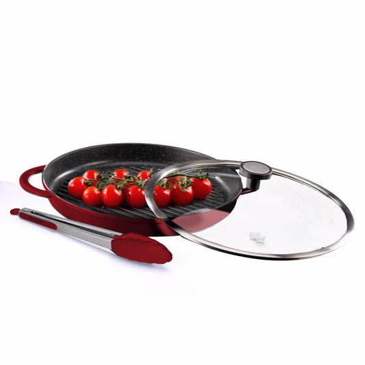 פלטת גריל עגולה 30 סמ+מלקחיים BLACK MARBLE אדום