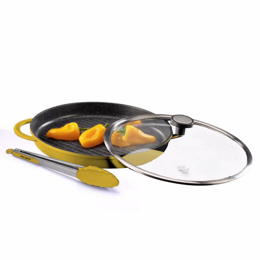פלטת גריל עגולה 30 סמ+מלקחיים BLACK MARBLE צהוב