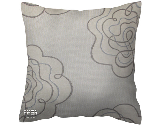 כרית נוי אפורה עם איורים בגווני אפור כהים