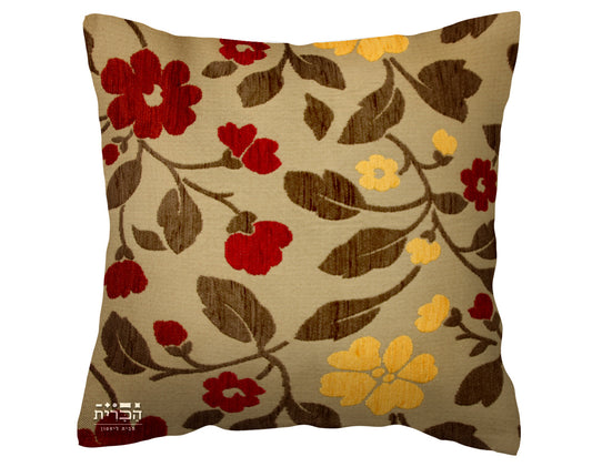 כרית נוי מסדרת ליינפלוור, חומה עם פרחים רקומים ביין וצהוב חרדלי