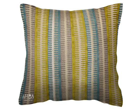 כרית נוי פסים גאומטריים בגווני צהוב חרדלי תכלת ואפור