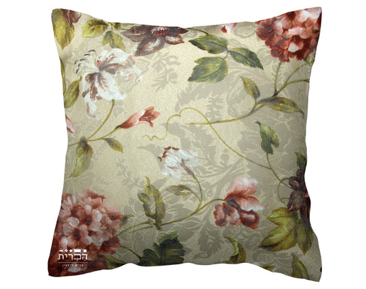 כרית נוי פרחים ברקע בהיר וזהב