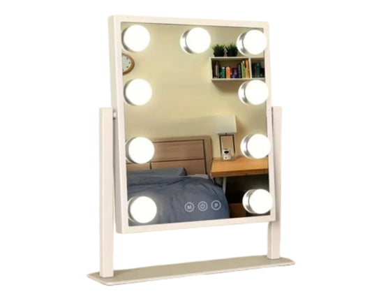 מראת איפור הוליוודית עם תאורה – חוויית איפור יוקרתית עם סיבוב 360° ומסך מגע חכם