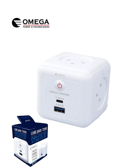 מפצל קובייה 4 שקעים+מפסק 2.1A USB+TYPE-C