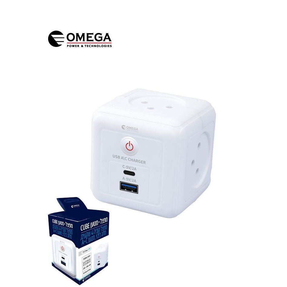 מפצל קובייה 4 שקעים+מפסק 2.1A USB+TYPE-C
