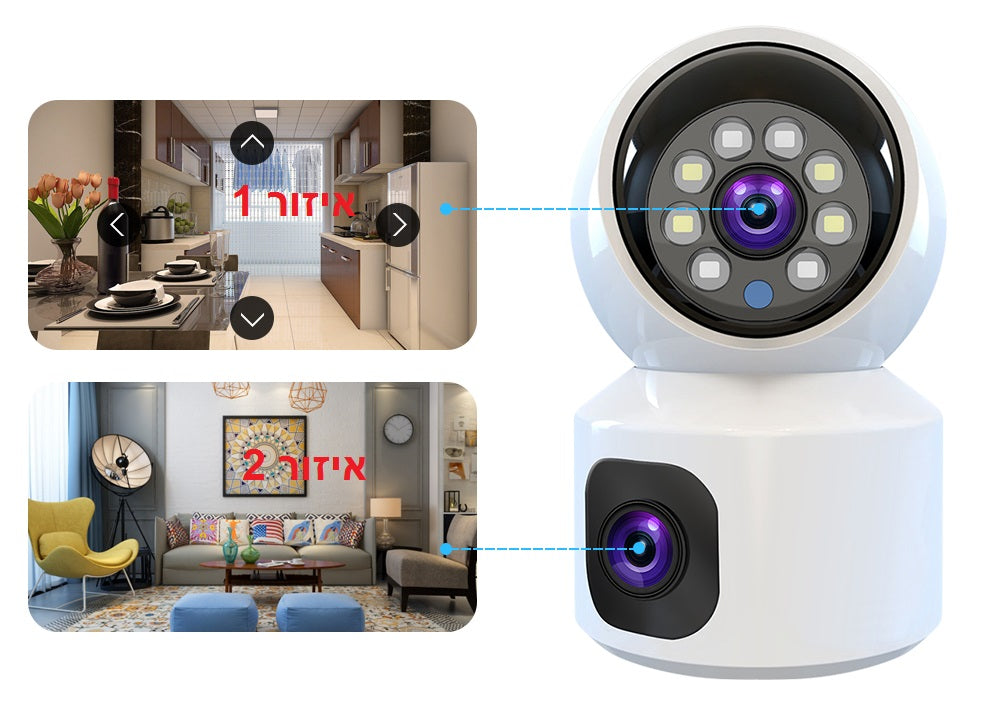 מצלמת אבטחה אלחוטית ממונעת 360 מעלות לבית או לעסק עם 2 עדשות לכיסוי מושלם !