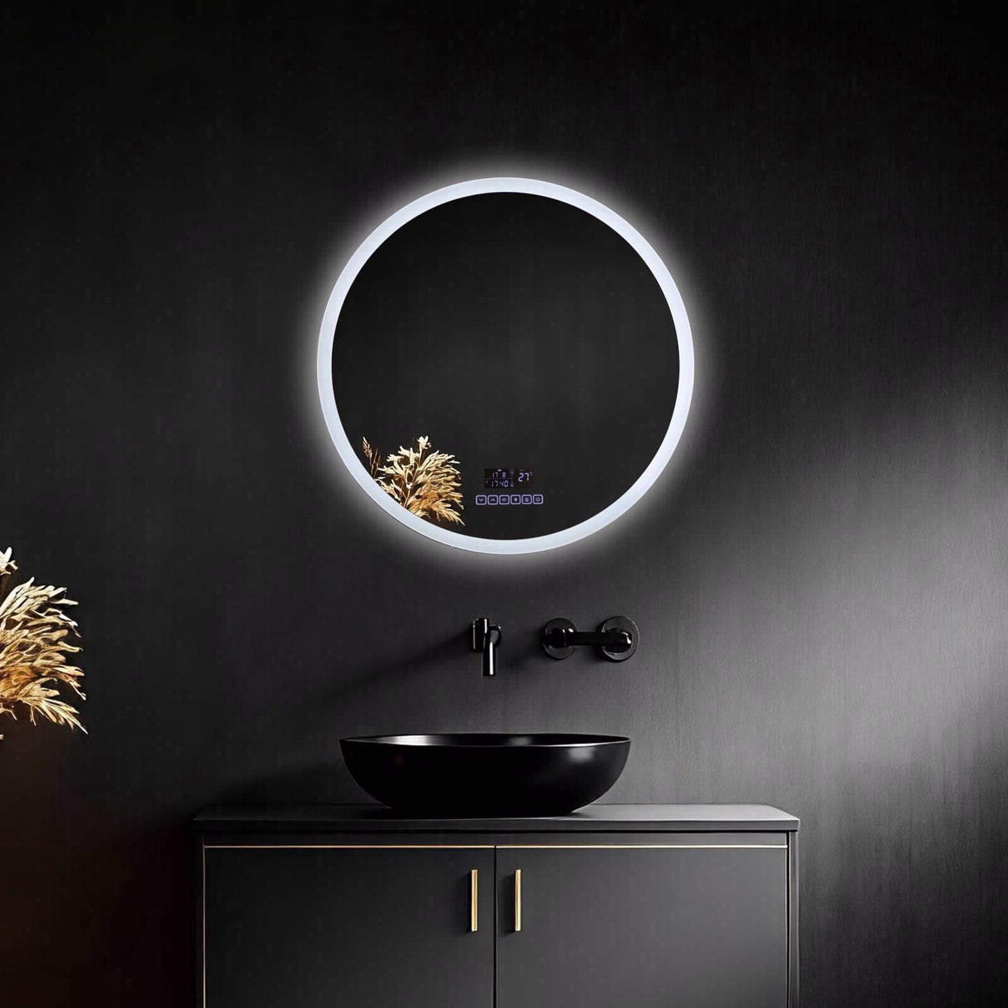 מראה עגולה 60 סמ עם תאורת לד 3 צבעים מפשיר אדים ובלוטוס